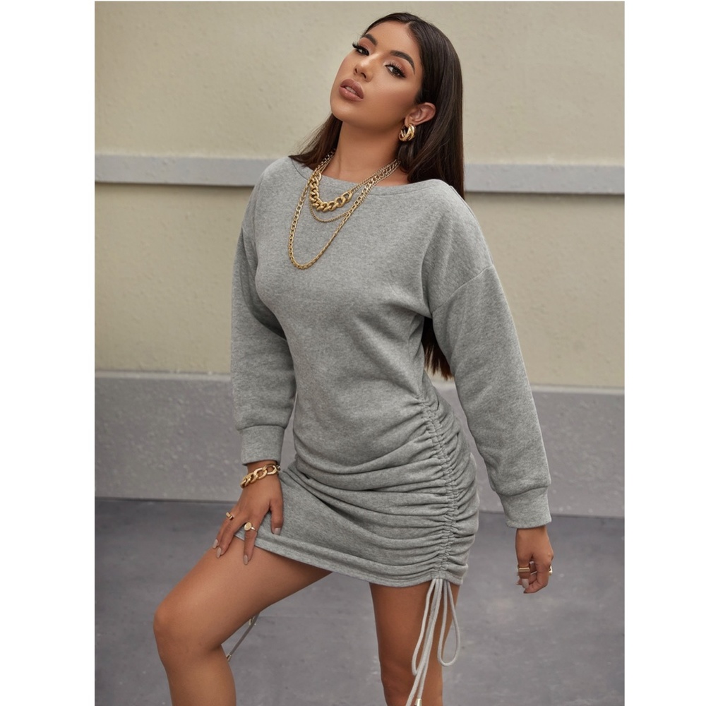 Casual Sweatshirt Mini Dress Drawstring Sides - Picture 4 of 7